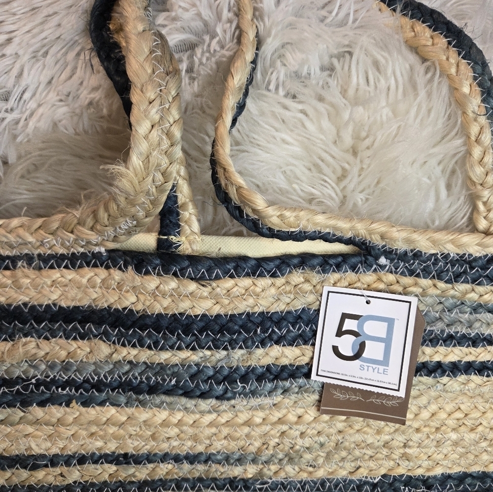 5B Style Striped Jute Straw Tote Bag Large - Picture 4 of 7